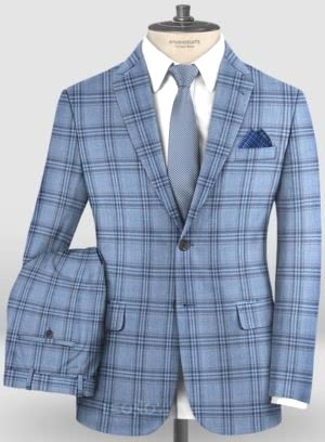 Костюм голубой в темно-синюю клетку из шерсти