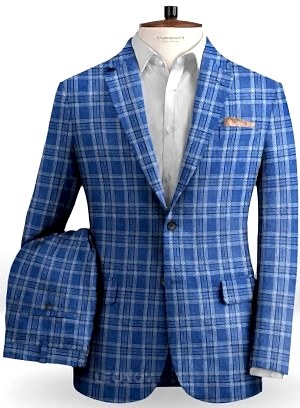 Голубой костюм в клетку из льна